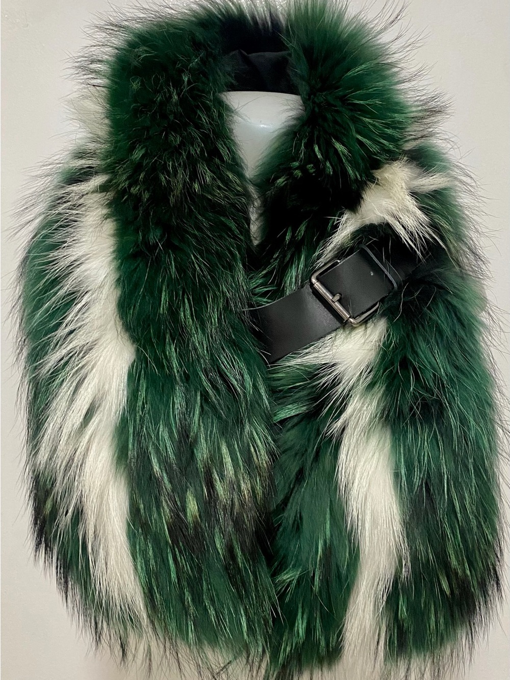 Emerald & White Fox Fur Collar with Black Buckle Strap